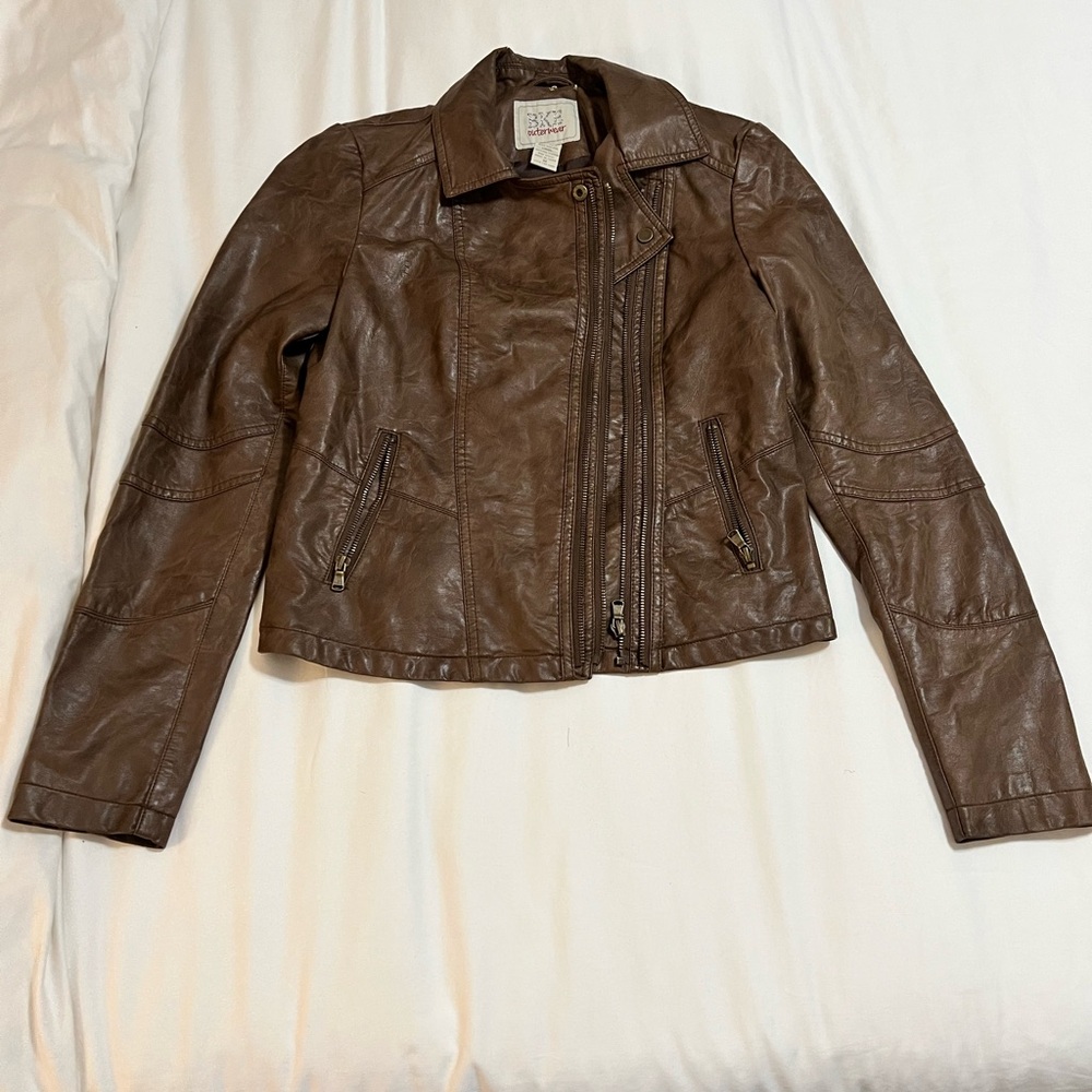 BKE Brown Leather Motorcycle Jacket with Asymmetrical Zipper